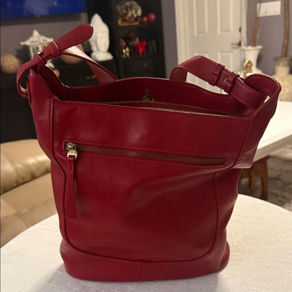 Women's Red Leather Shoulder Bag with Front Zip Pocket